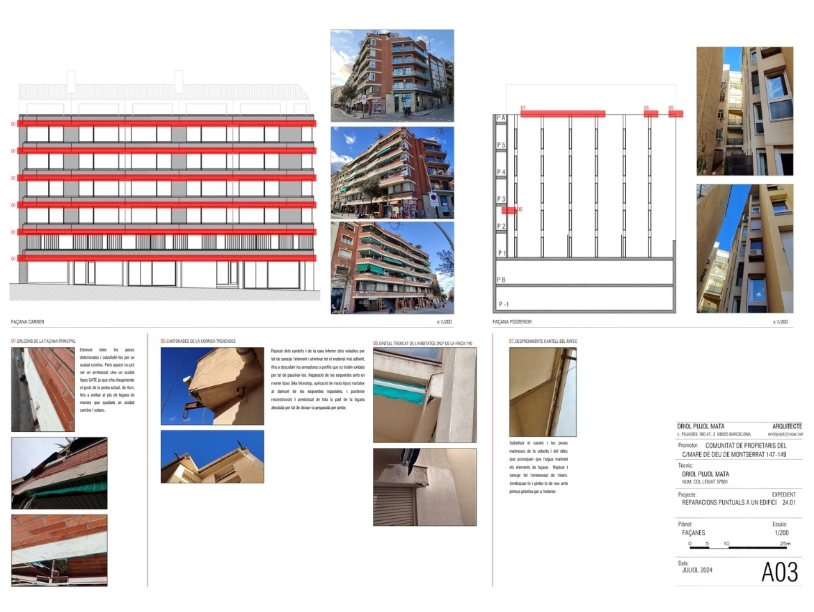 Oriol Pujol Mata, arquitecte. Rehabilitació de façana i reparacions puntuals en un edifici de Barcelona